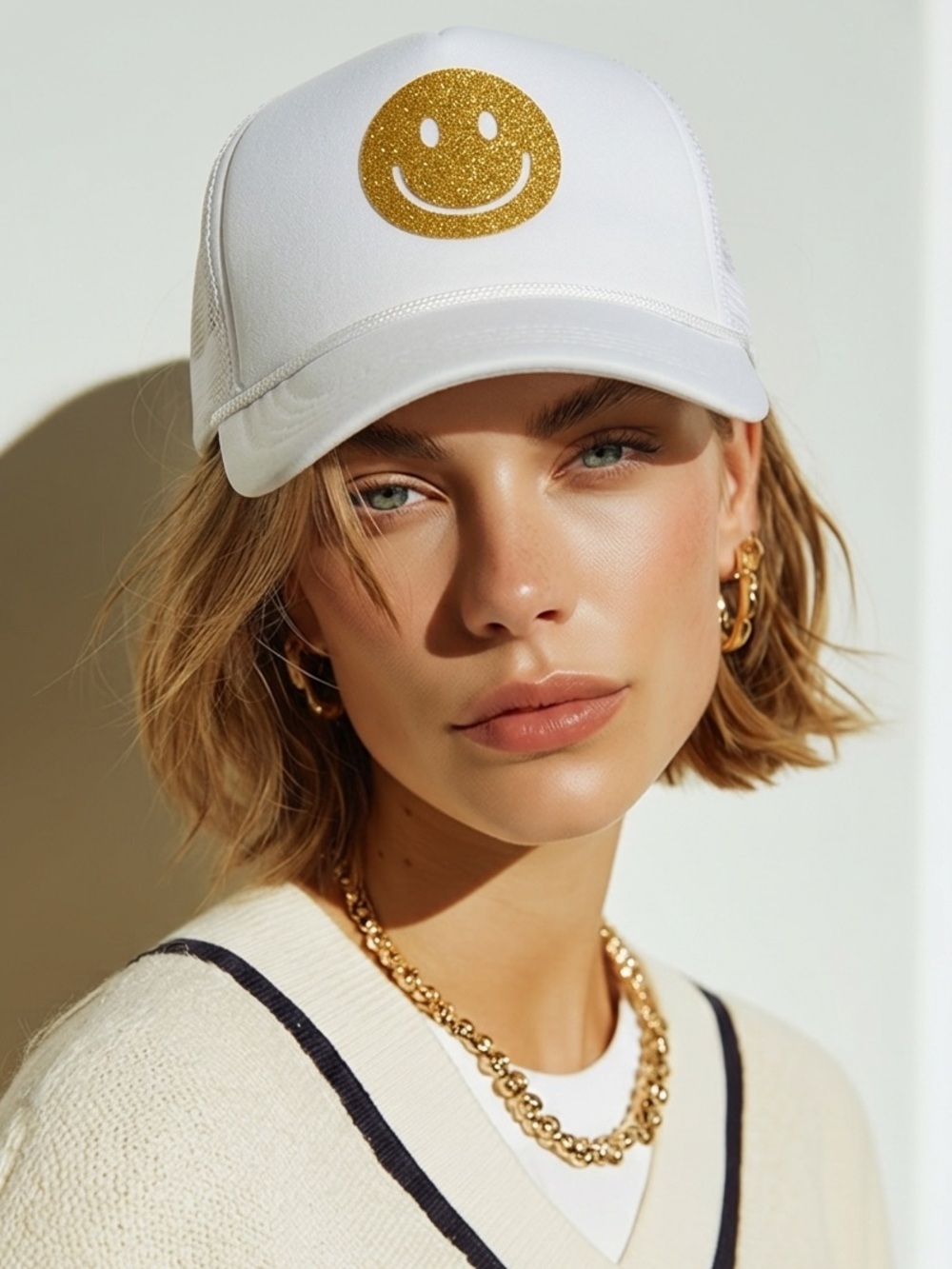 NWOT White Gold Glitter Smiley Face Truckers Hat Baseball Cap